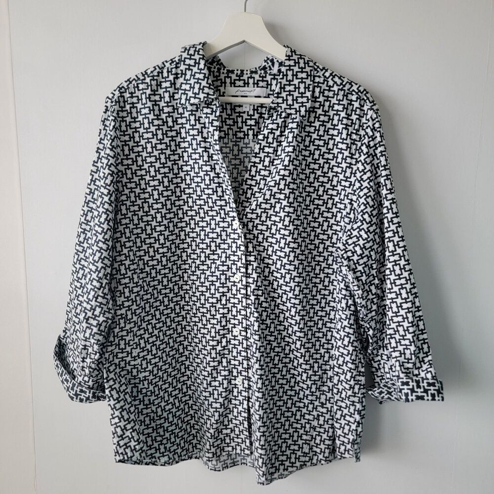 Foxcroft NYC Easy Care womens Shirt XL Geometric Chain 3/4 Sleeve Black White